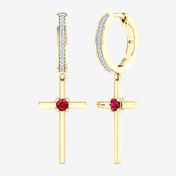 1/10 CT. T.W. Lead Glass-Filled Red Ruby 10K Gold Cross Drop Earrings