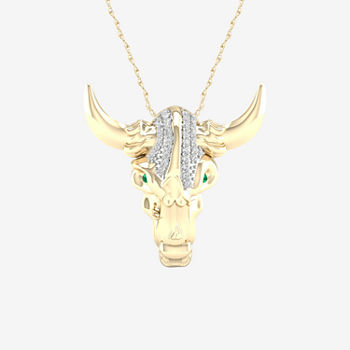 Bull Face Mens 1/10 CT. T.W. Genuine Green Emerald 10K Gold Pendant Necklace