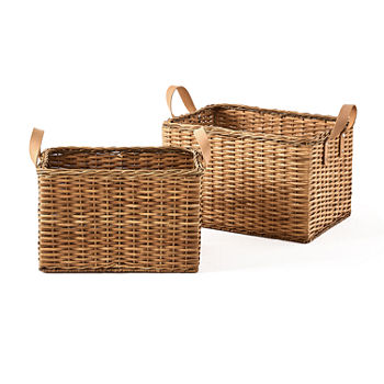 Baum Rattan Rectangular Decorative Basket with Faux Leather Handles