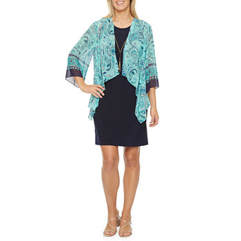 Studio 1 Petite 3/4 Sleeve Paisley Faux-Jacket Dress with Attached Necklace
