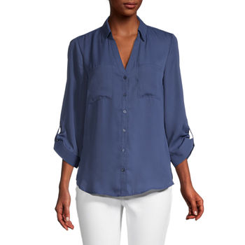 by&by Juniors Womens 3/4 Sleeve Regular Fit Button-Down Shirt