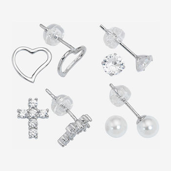 Silver Treasures Light Up Box 4 Pair Cubic Zirconia Sterling Silver Simulated Pearl Heart Cross Earring Set