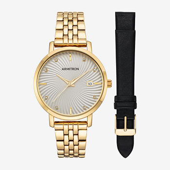 Armitron Womens Crystal Accent Gold Tone Leather 2-pc. Watch Boxed Set 75/5835svgpst