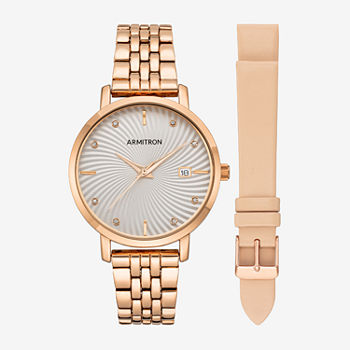 Armitron Womens Crystal Accent Rose Goldtone Leather 2-pc. Watch Boxed Set 75/5835svrgst