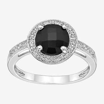 Womens Diamond Accent Genuine Black Onyx Sterling Silver Halo Cocktail Ring