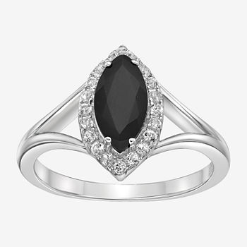 Womens Genuine Black Onyx Sterling Silver Halo Cocktail Ring