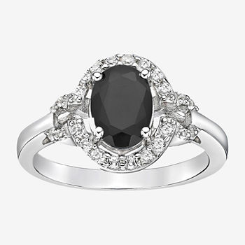 Womens Genuine Black Onyx Sterling Silver Halo Cocktail Ring