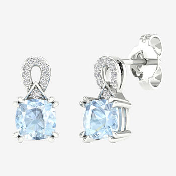 Diamond Accent Genuine Blue Aquamarine 10K White Gold Drop Earrings