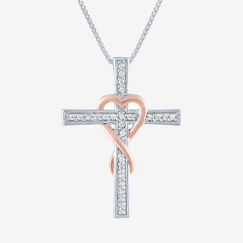 Womens 1/10 CT. T.W. Genuine White Diamond 14K Rose Gold Over Silver Sterling Silver Cross Pendant Necklace