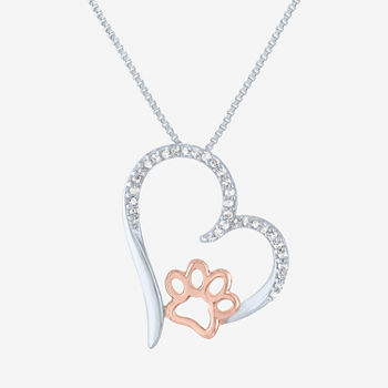 Paw Print Womens 1/10 CT. T.W. Genuine White Diamond 14K Rose Gold Over Silver Sterling Silver Heart Pendant Necklace