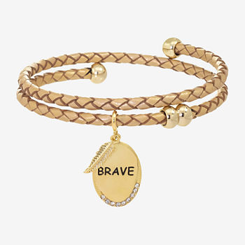 Sparkle Allure Feather Leather Cubic Zirconia 14K Gold Over Brass 12 Inch Braid Oval Charm Bracelet