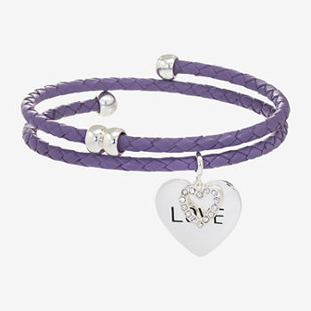 Sparkle Allure Leather Cubic Zirconia Pure Silver Over Brass 12 Inch Braid Heart Charm Bracelet
