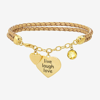 Sparkle Allure Leather Cubic Zirconia 14K Gold Over Brass Braid Heart Charm Bracelet
