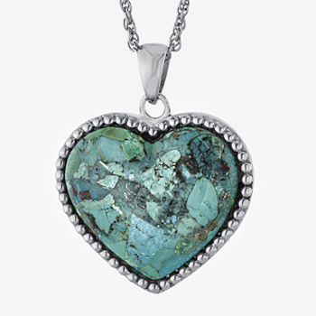 Womens Enhanced Blue Turquoise Sterling Silver Heart Pendant Necklace
