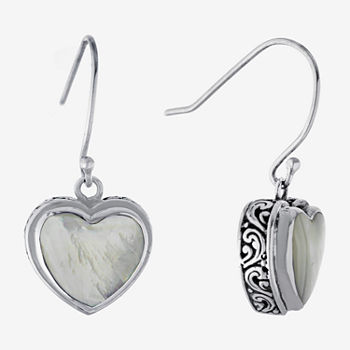 Bali Inspired White Mother Of Pearl Sterling Silver Heart Drop Earrings
