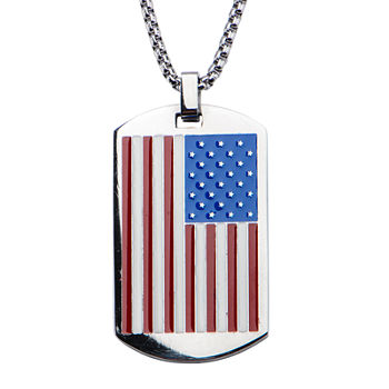 Inox® Mens Stainless Steel American Flag Dog Tag Pendant Necklace