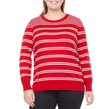Liz Claiborne Plus Womens Crew Neck Long Sleeve Striped Pullover Sweater