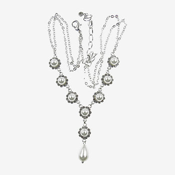 Vieste Rosa Crystal Simulated Pearl 14 Inch Link Flower Y Necklace