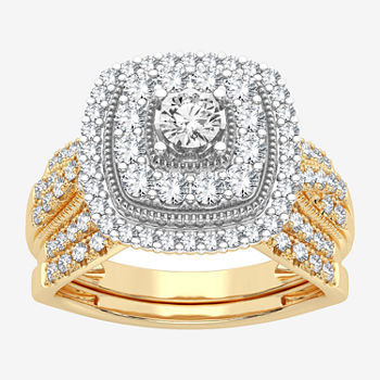 Womens 1 CT. T.W. Lab Grown White Diamond 10K Gold Round Square Halo Bridal Set