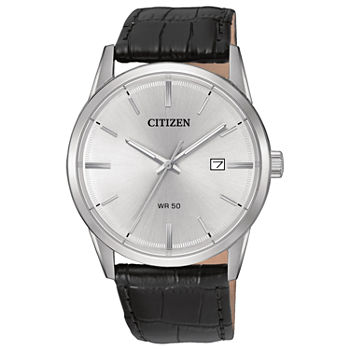 Citizen® Quartz Men'S Silver Tone And Black Stainless Steel Leather Strap Watch Bi5000-01A