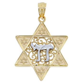 14K Two-Tone Gold Star Of David With Chai Charm Pendant