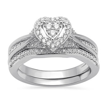 Surrounded by Love Womens 1/5 CT. T.W. Genuine White Diamond Sterling Silver Heart Side Stone Halo Bridal Set