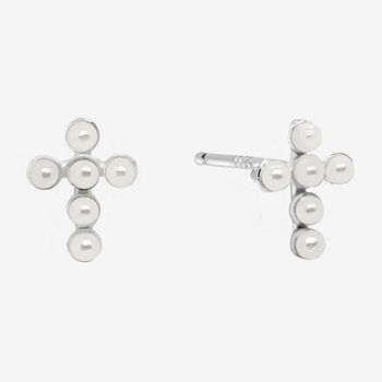 Itsy Bitsy Simulated Pearl Sterling Silver 7.5mm Cross Stud Earrings