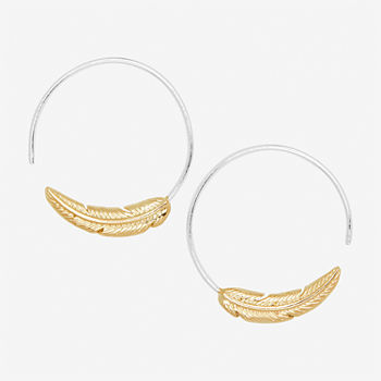 Silver Treasures Feather 14K Gold Over Silver Hoop Earrings