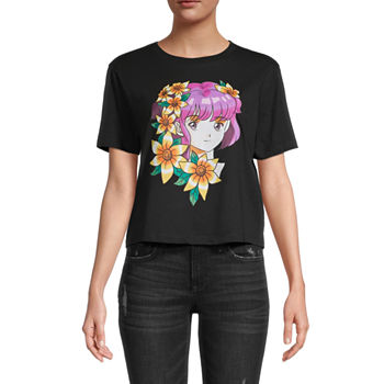 Anime Floral Juniors Womens Cropped Graphic T-Shirt