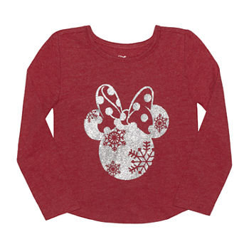 Okie Dokie Christmas Toddler Girls Crew Neck Minnie Mouse Long Sleeve Graphic T-Shirt