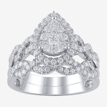 Modern Bride Signature Womens 1 CT. T.W. Genuine White Diamond 10K White Gold Pear Bridal Set