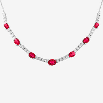 Womens Lab Created Red Ruby Pure Silver Over Brass Oval Collar Necklace