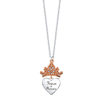 Disney Classics Crystal Pure Silver Over Brass 18 Inch Cable Crown Heart Princess Pendant Necklace