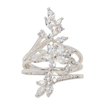 Sparkle Allure Cubic Zirconia Pure Silver Over Brass Flower Bypass  Cluster Cocktail Ring