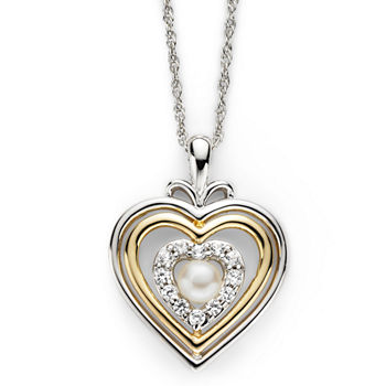 Cultured Freshwater Pearl & Lab-Created White Sapphire Heart Pendant Necklace