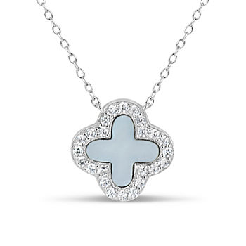 Womens White Mother Of Pearl Sterling Silver Clover Pendant Necklace