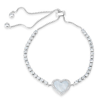 Diamonart Genuine White Mother Of Pearl Sterling Silver Heart Bolo Bracelet