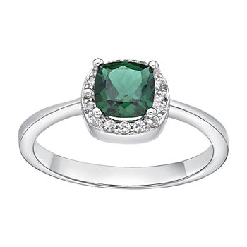 Cushion-Cut Lab-Created Emerald and Genuine White Topaz Sterling Silver Ring