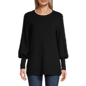 Liz Claiborne Womens Crew Neck Embellished Long Sleeve Pullover Sweater