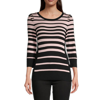 by&by Juniors Womens Round Neck Long Sleeve Striped Pullover Sweater
