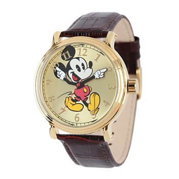 Disney Mickey Mouse Mens Brown Leather Strap Vintage-Style Watch