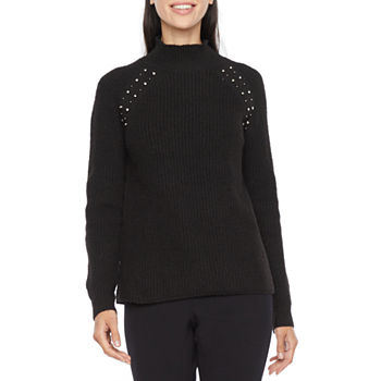 Liz Claiborne Womens Turtleneck Embellished Long Sleeve Pullover Sweater