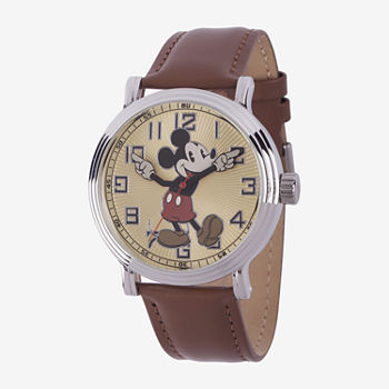 Disney Mickey Mouse Mens Brown Leather Strap Watch W002419