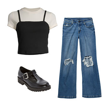 Arizona Layered Tee, Low-Rise Extreme Wide-Leg Jeans & Shoes