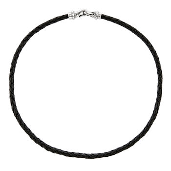 Mens Stainless Steel & Woven Black Leather Choker Necklace