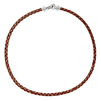 Mens Stainless Steel & Woven Brown Leather Choker Necklace
