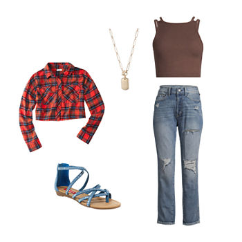 Arizona Cropped Plaid Shirt, High-Neck Tank, High-Rise Adaptive Mom Jeans, Sandals & a.n.a Necklace