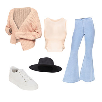 Forever 21 Fedora, Elle Cardigan, Lace-Trim Ribbed Tank, Jogger Jeans & Arizona Techno Sneakers