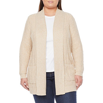 St. John's Bay Plus Cable Womens Long Sleeve Open Front Cardigan