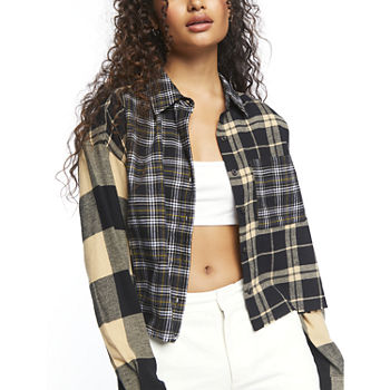 Forever 21 Juniors Mixed Plaid Cropped Flannel Shirt Womens Long Sleeve Flannel Shirt